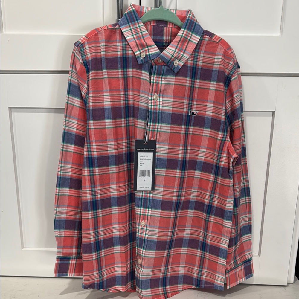 Vineyard Vines Kids Plaid Button-Down Shirt in Red and Blue
